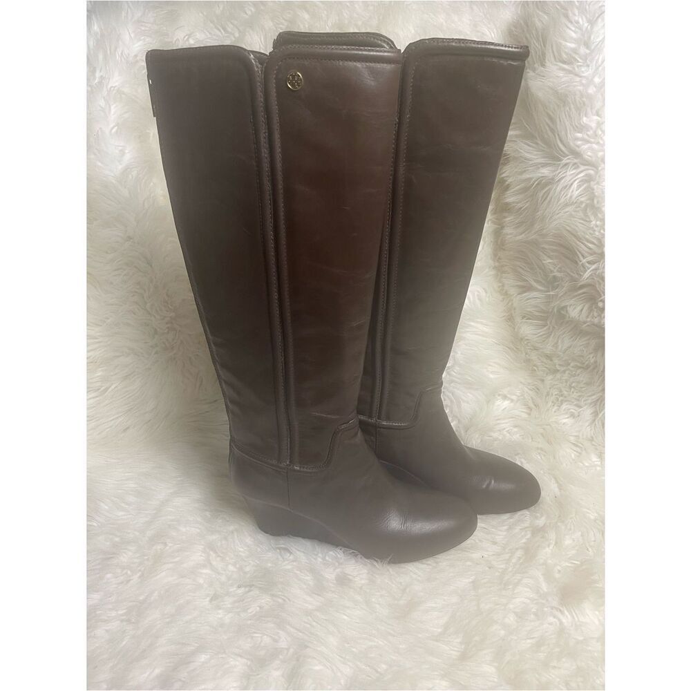 Tory Burch leather Brown Knee-High Wedge Boots back zipper gold tone accent.SZ11